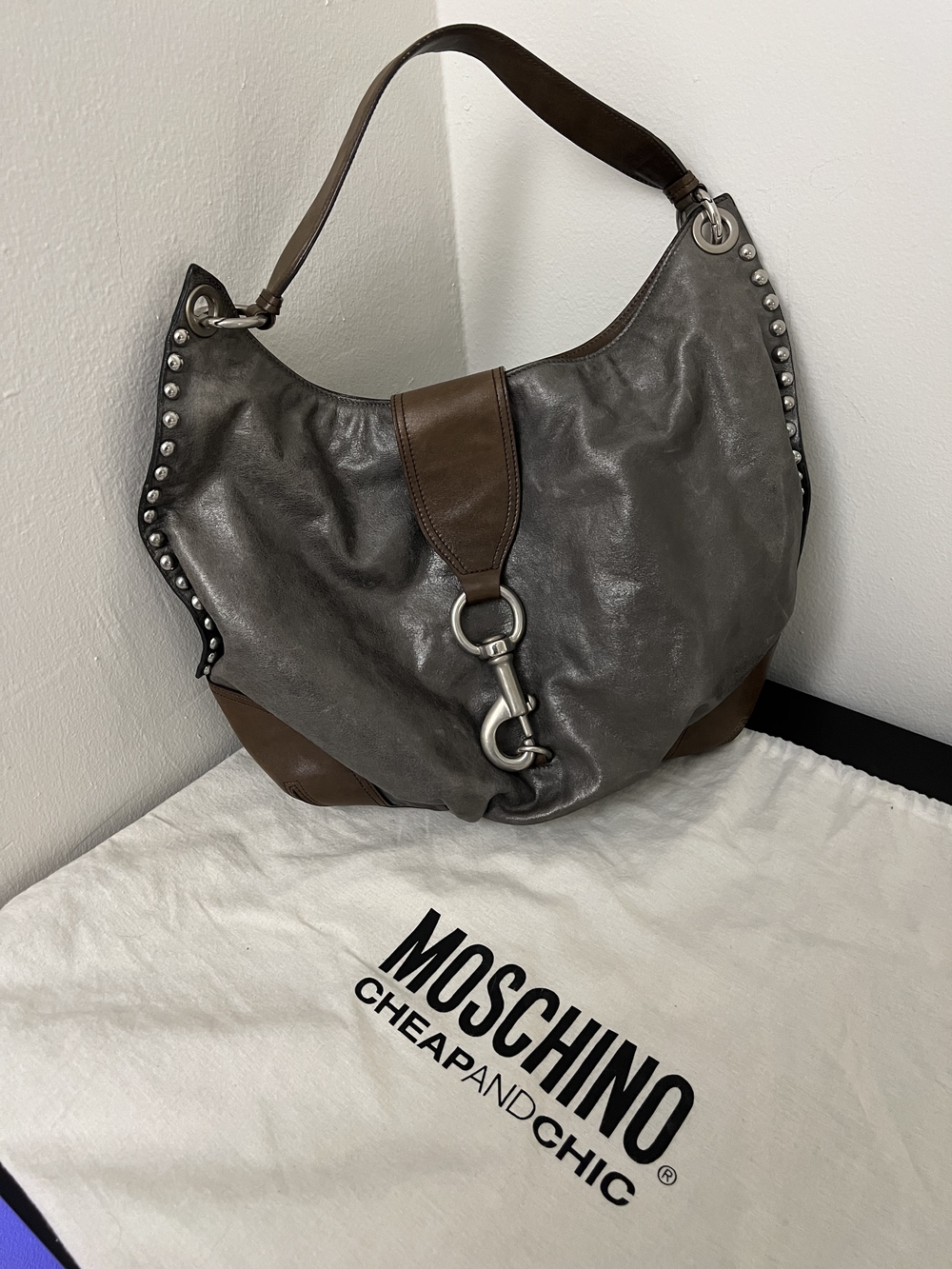 Moschino Gray and Brown Leather Hobo Bag with Stud Accents